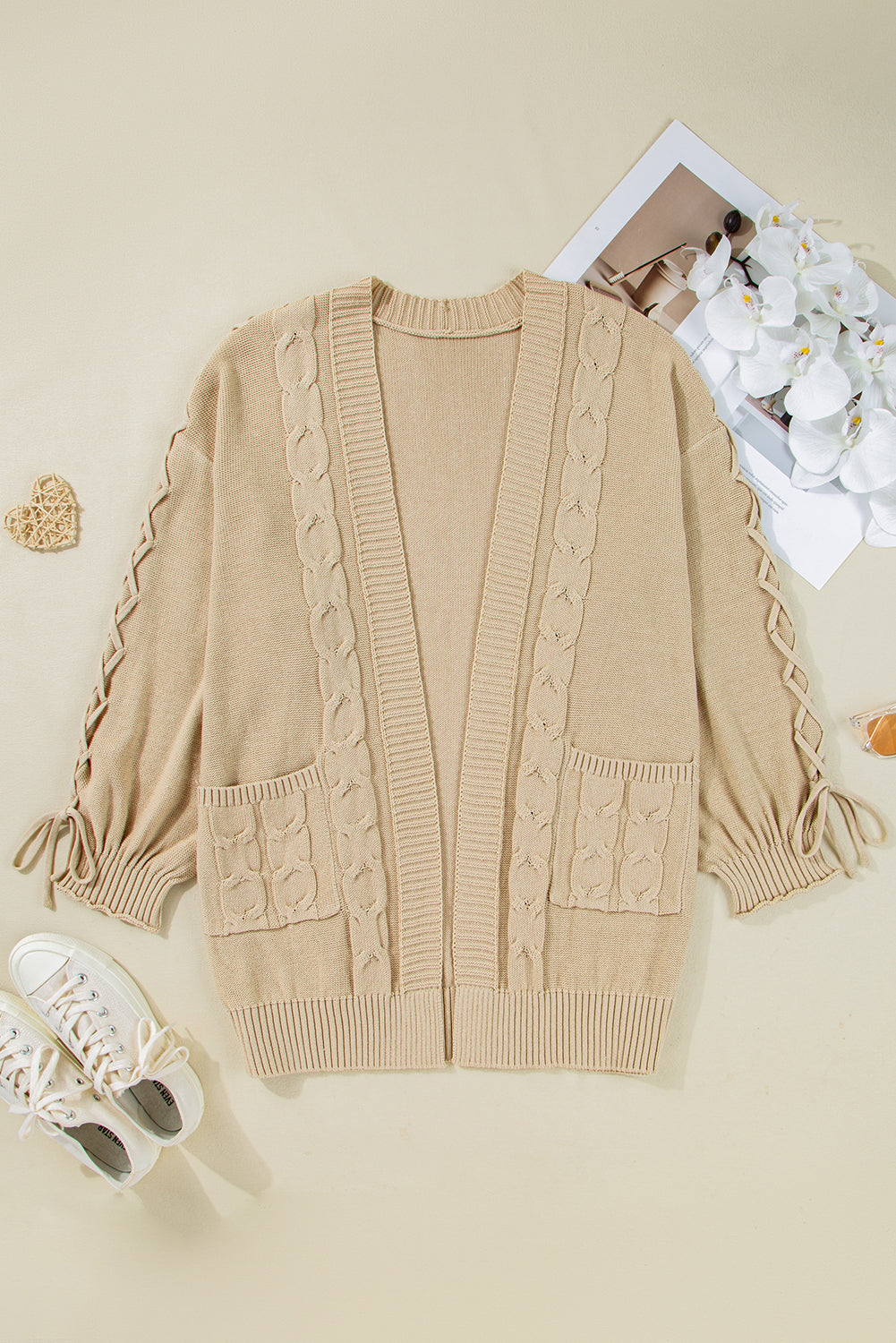 Parchment Cable Knit Braided Tie Sleeve Plus Size Cardigan Dear-Lover Dropshipping